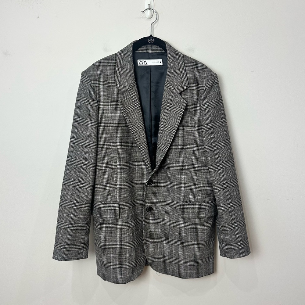 Zara classic plaid wool blazer black gray single breasted
